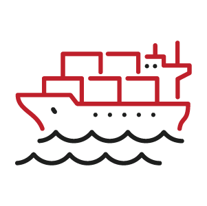 Red outline of cargo ship on water
