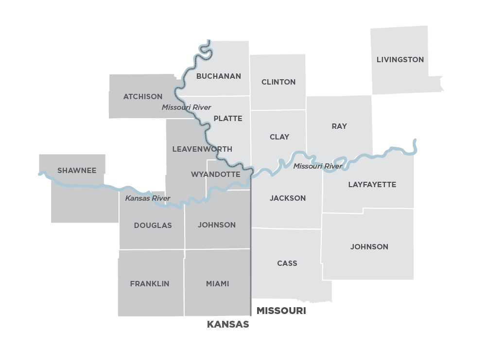 Map depicting the 18 counties that compose the Kansas City region