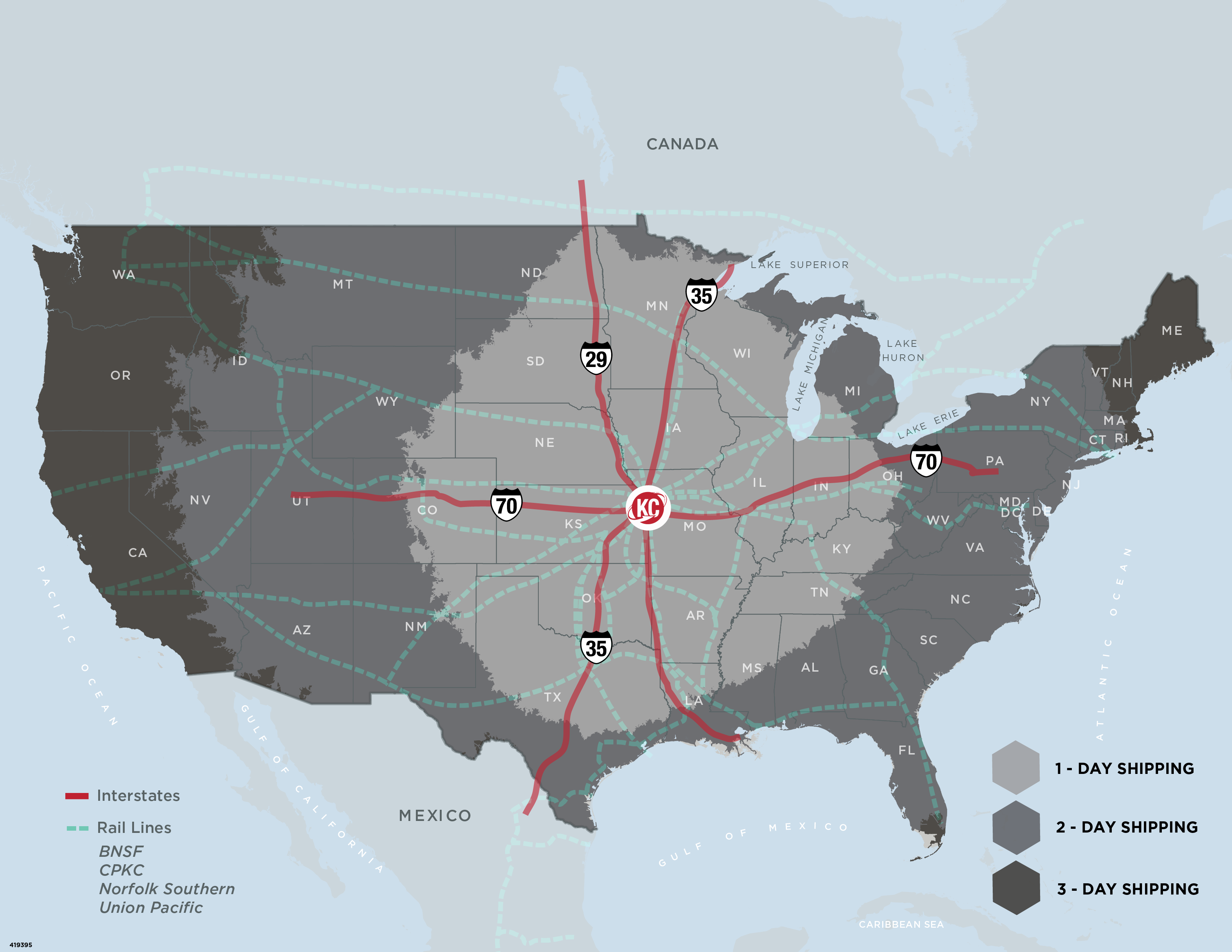 United states with images of drive time, railroads, and highways all form KC