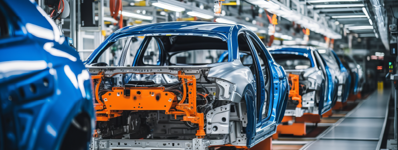 Automotive manufacturing assembly line, with a blue car in the process of assembly