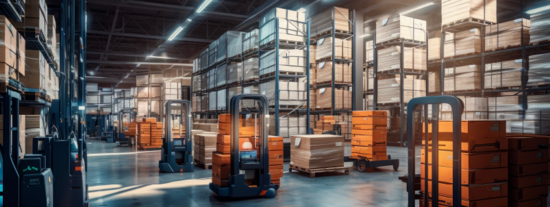 Large distribution center with forklifts moving product on the floor