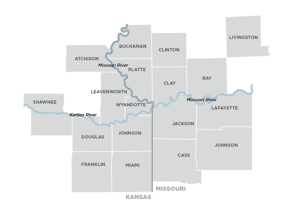 Two tone map featuring boundary outlines of the 18 county KC regional footprint