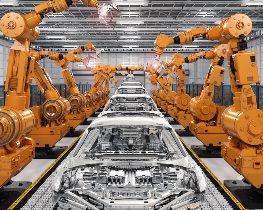 Cars moving along a manufacturing assembly line