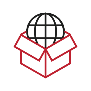 Red outline of box with black outline of globe within