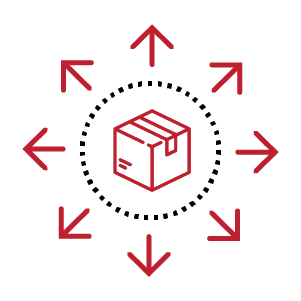 Red outline of shipping parcel, encompassed by a black dotted circle and red arrows pointing outward