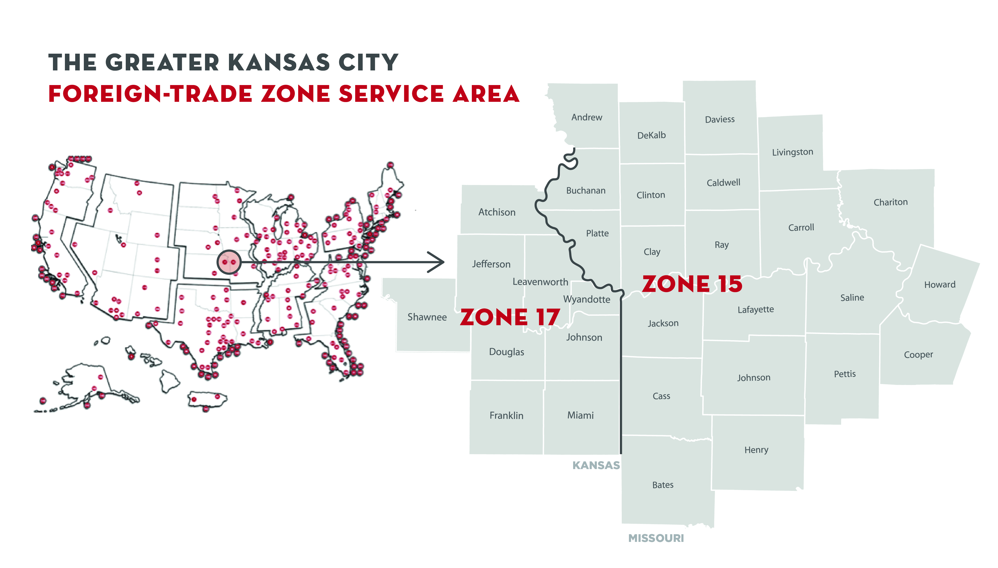 Map of the United States depicting all foreign trade zones, with a map depicting the two zones in the Kansas City region and the counties they encompass