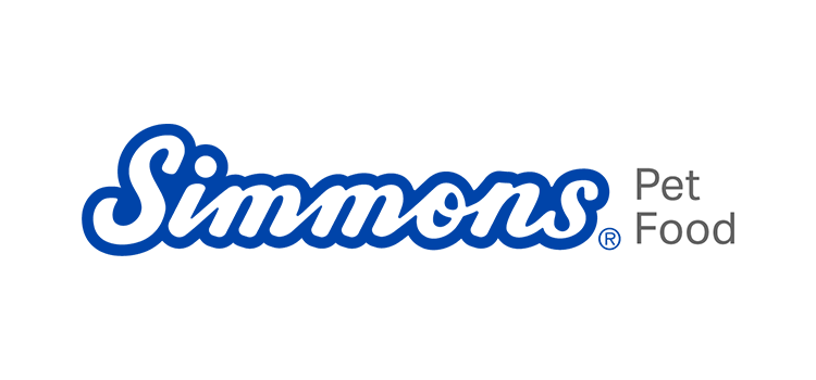 Simmons Pet Food Logo, with the word Simmons in blue scripted block letters