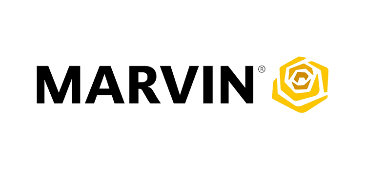 Marvin Windows Logo, with the word Marvin in black block letters next to a yellow flower