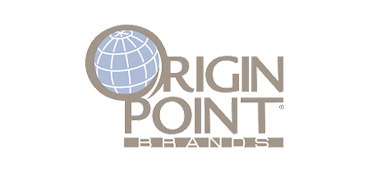 Origin Point Brands logo, with the O made from a blue globe. 
