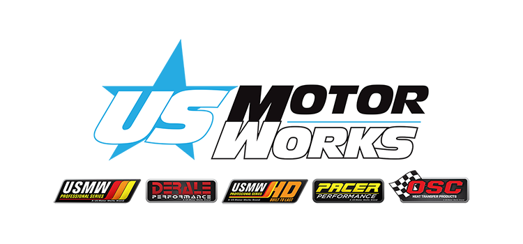 US Motor works logo, with the letters U and S overlaid on a blue star. US Motor work affiliate logos are placed below 