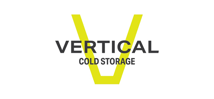 Vertical Cold Storage Logo, overlaid on a large lime green V