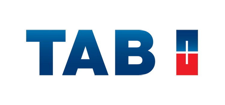 TAB Battery Block Letter Logo with Blue Letters and a red and blue battery icon