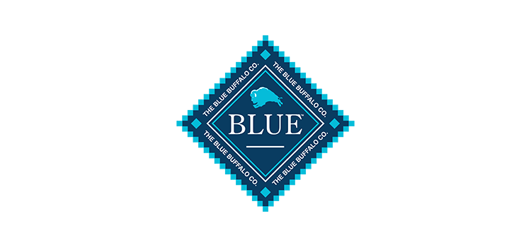 Blue, diamond shaped logo for Blue Buffalo with a buffalo image in the center