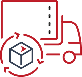 Red outline of shipping vehicle with a black shipping box encompassed by cyclic arrows