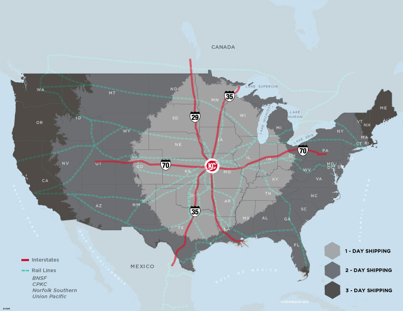 Map of the United States, with major rail lines intersecting Kansas city, and gray shading to show the distribution range from kansas city by number of days